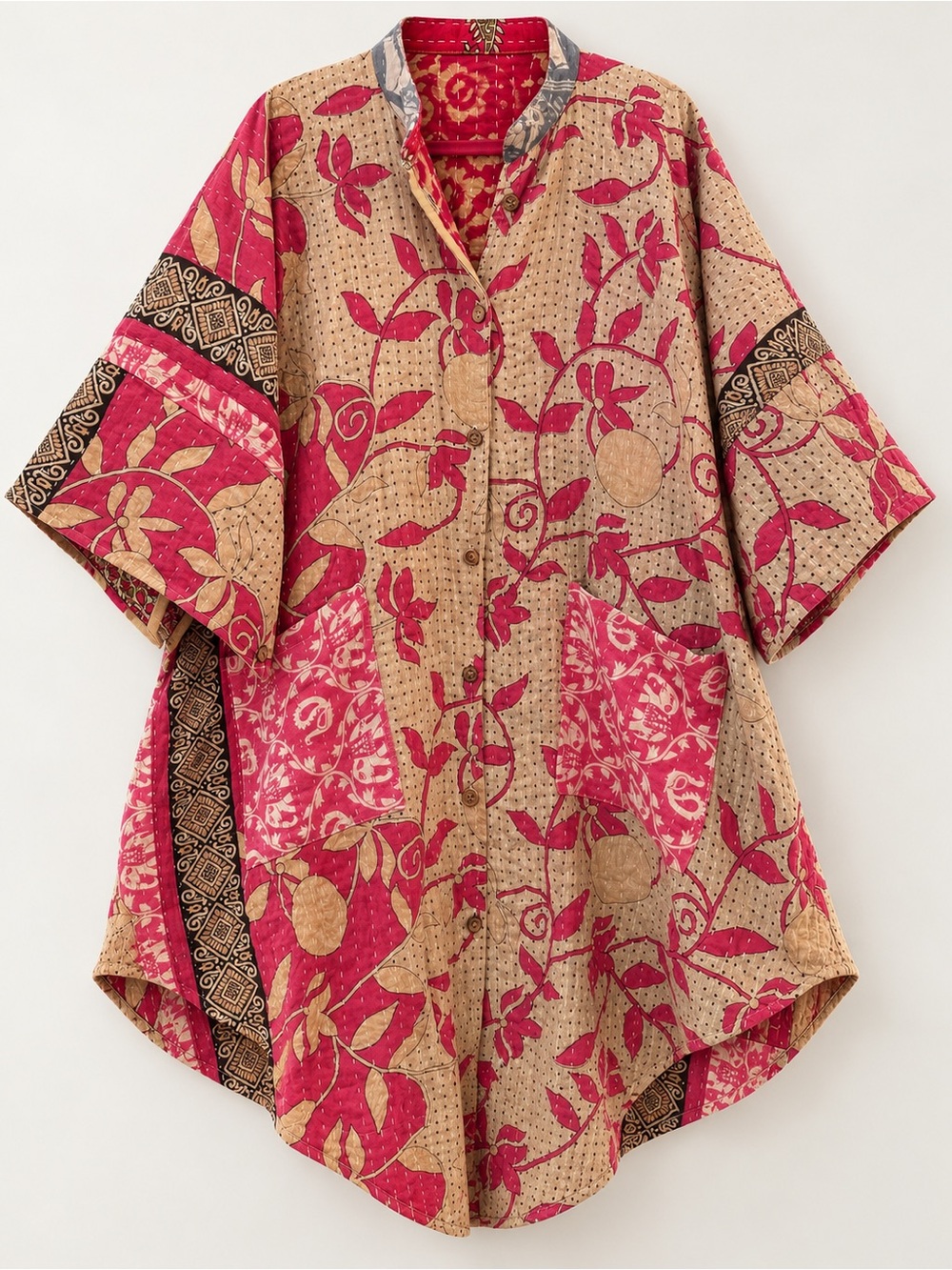 Kantha Tunic Dress Button Front Pink Floral Boho Patchwork Reversible Handmade